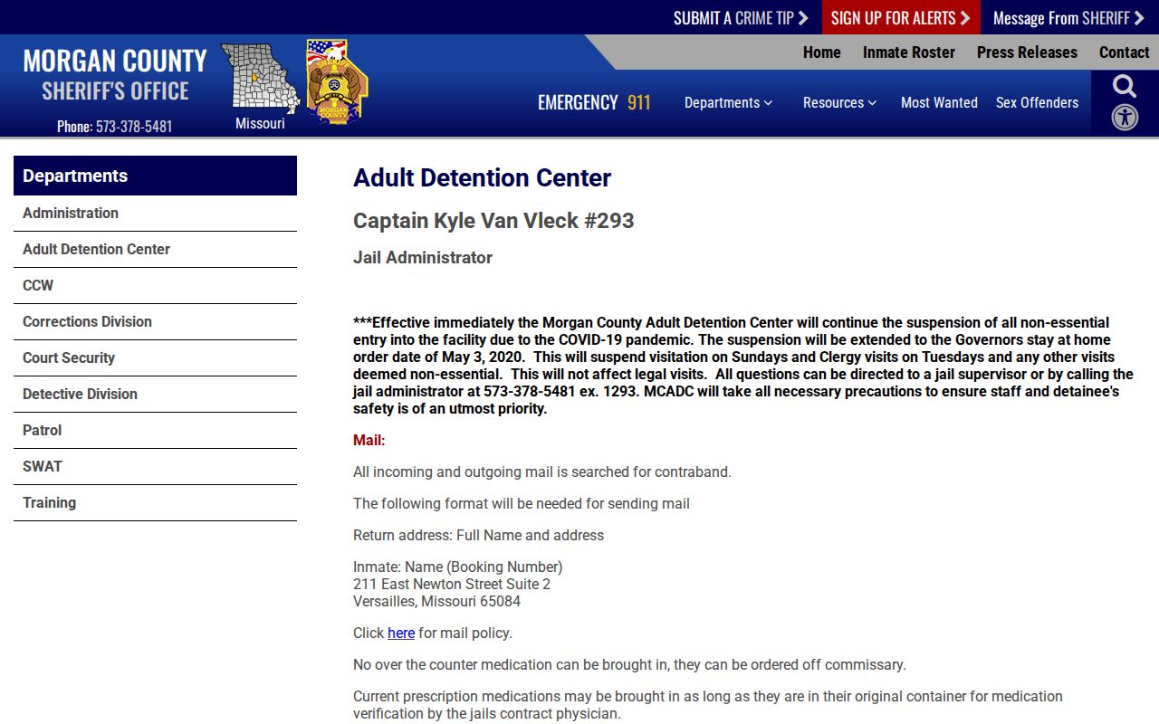 Morgan County Sheriff Adult Detention Center information page