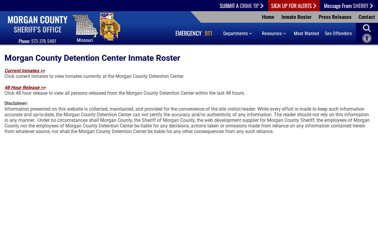 Morgan County Sheriff roster selector with Current Inmates and 48 Hour Release choices